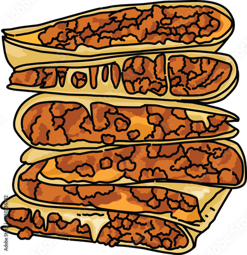 Stack of Mexican Quesadillas with Minced Meat and Melted Cheese, Delicious Fast Food Vector Illustration