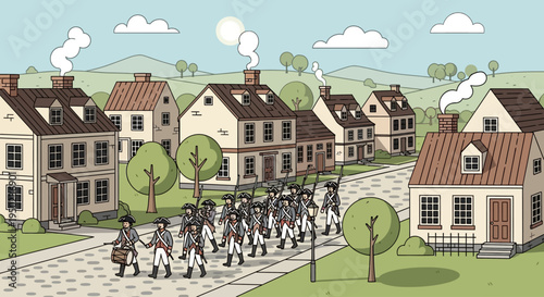 Patriots march on a sunny day through a colonial town with buildings and trees.