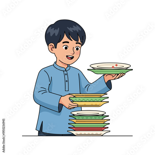 Boy holding stack of colorful plates with food