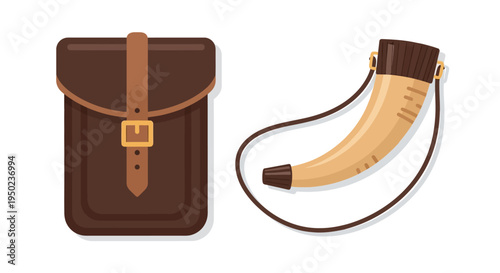 Vintage leather satchel and hunting horn on Patriots Day outdoors
