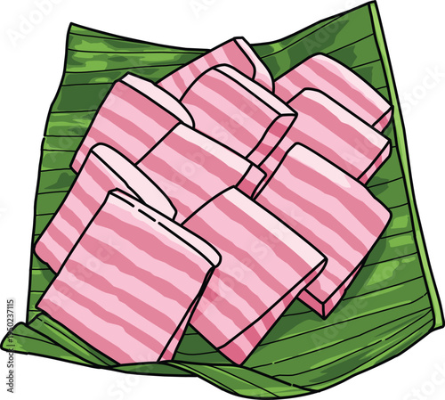 Traditional Indonesian Kue Lapis Pink Steamed Layer Cake on Banana Leaf, Sweet Asian Snack Vector