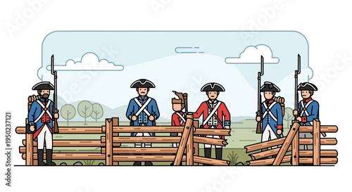 Patriots prepare for battle on a significant day behind a wooden fence.