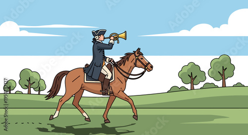 Rider on horse blows horn on Patriots Day in green field with trees