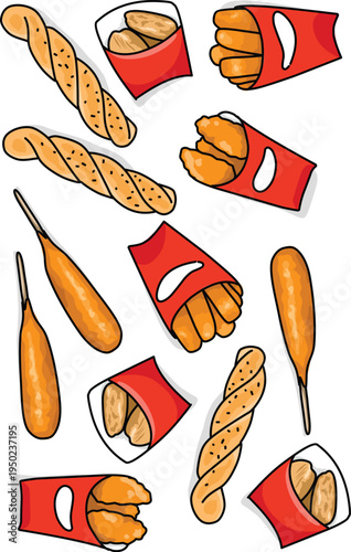 Delicious Fast Food Snack Collection, Corndog Chicken Nuggets and Twisted Bread Vector Illustration