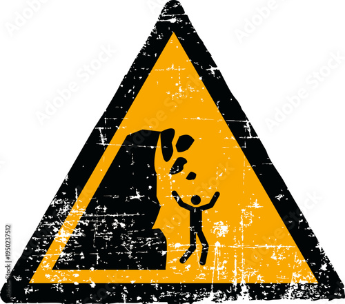 Grunge unstable cliff warning sign worn scratched ISO 7010 W053 hazard symbol