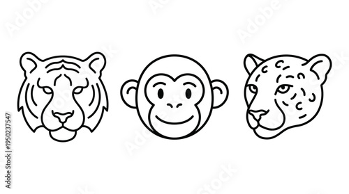 Wild Animal Faces Icons - Tiger, Monkey, Leopard