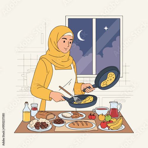 Woman wearing hijab cooking food at night before window