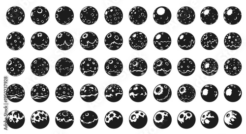 Set of Minimalist Planet and Moon Surface Silhouette Icons Vector Illustration Design Elements
