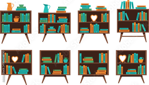 Eight brown bookshelves with green and orange books and decorative on white background bookcases green books