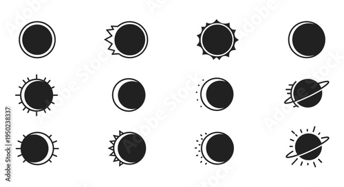 Space Planet Sun and Eclipse Silhouette Icons Set Vector Illustration for Celestial Designs