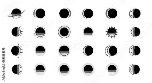 Minimalist Space Icons with Solar Eclipse Lunar Phases and Planet Silhouette Vector Elements