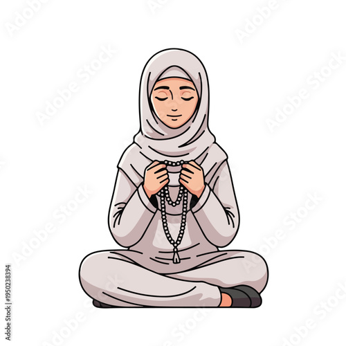 Muslim woman sitting in lotus position wearing hijab holding prayer beads