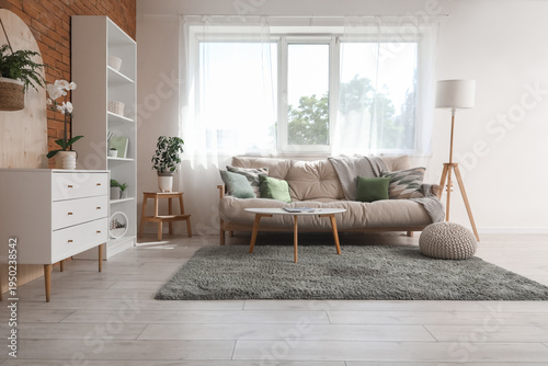 Cozy sofa, coffee table, po...