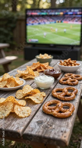 Outdoor snack table with chips, pretzels, and dip during soccer game on tv