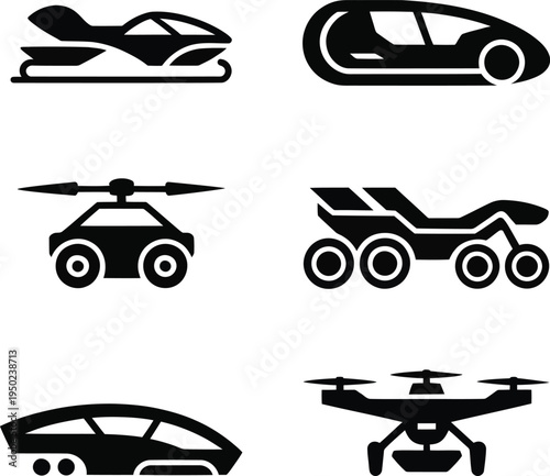 Black and white futuristic vehicles on white background