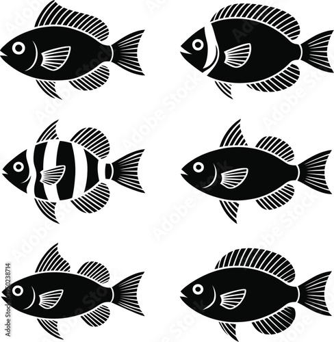 Black and white fish silhouettes on white background