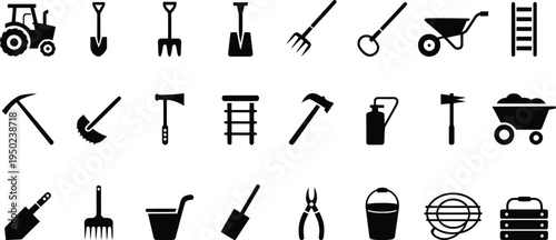 Black and white gardening tools silhouettes tractor on white background