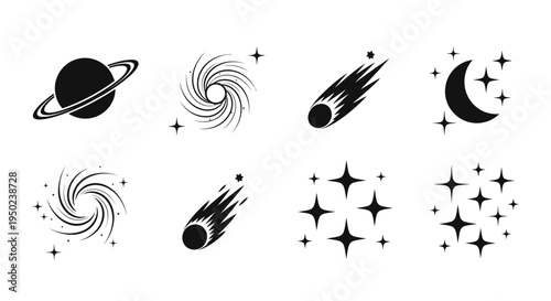 Celestial Space Universe Silhouette Icon Sheet with Stars Planets Comets and Galaxies Vector