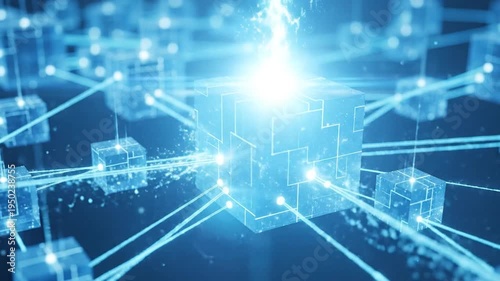 Abstract Digital Network of Glowing Blue Cubes Connected by Light Lines.