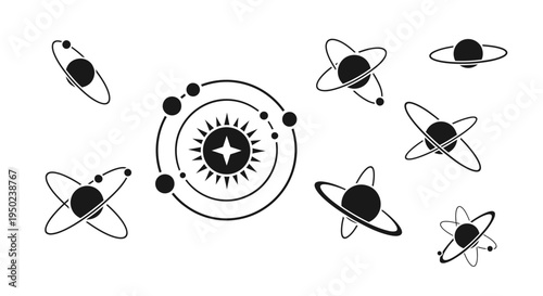 Solar System Galaxy Orbits and Planet Silhouette Icon Set Vector Illustration Design Element
