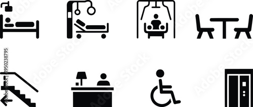 Black and white hospital and accessibility signs symbols