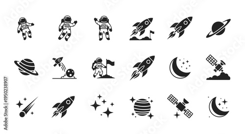 Outer Space Exploration Astronaut and Rocket Silhouette Icon Set Vector Illustration Design Element