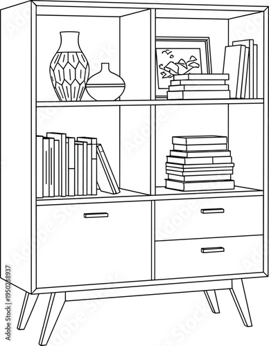 Mid century modern bookcase with books and decorative furniture vases