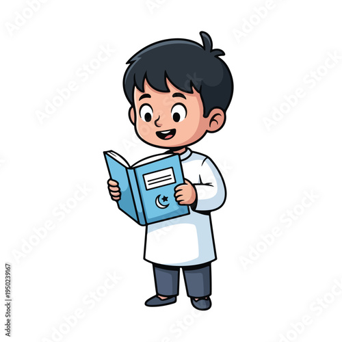 Caucasian boy in lab coat reading book with enthusiasm and curiosity