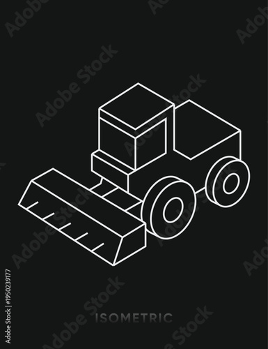 Isometric tractor agriculture icon in modern outline style. Farm vehicle and dozer blade. Agritech apps, construction logistics, equipment, mobile interface assets, infographic design, template