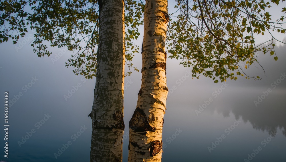 Fototapeta premium Framing two birch tree trunks, warm sunlight highlighting peeling bark at lakeshore, misty water