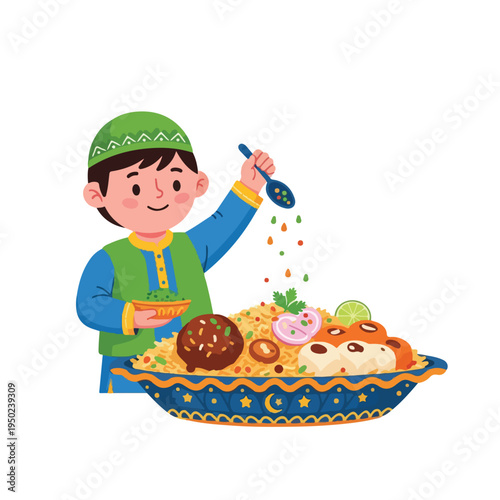 Boy in traditional clothes preparing a festive food dish with colorful spices