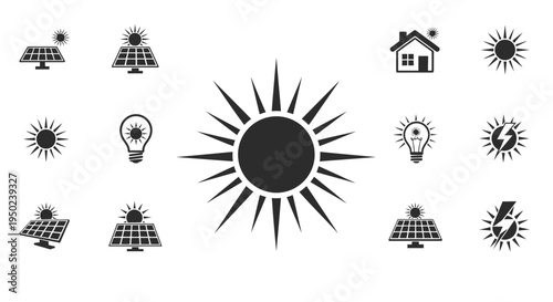 Solar Energy Icons Set with Sun Panels House and Light Bulbs Vector Illustration Design Elements