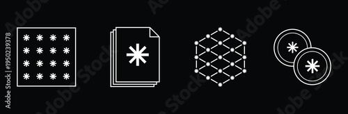 Abstract technology icon set. Control, document, network and token symbols in minimalist outline. AI platforms, protocol interfaces, blockchain dashboards, developer tools, fintech, SaaS web assets