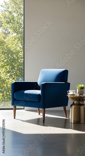 Elegant Blue Armchair in Bright Room with Natural Light.