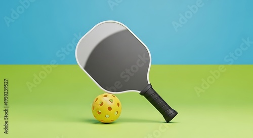 A pickleball paddle and yellow ball on green court with blue sky