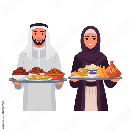 Traditional Middle Eastern man and woman serving food