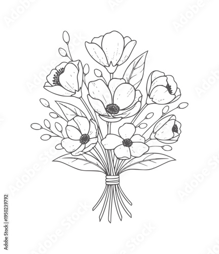 Delicate line bouquet of anemone flowers tied with twine floral