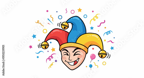 A colorful jester's head with a winking face surrounded by festive confetti and stars on a white background.