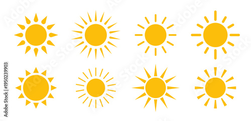 Sun icons collection. Sun logo. Yellow suns circles. Sunshine vector sign. Vector illustration