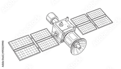 Hand drawn satellite with solar panels in space technology science retro