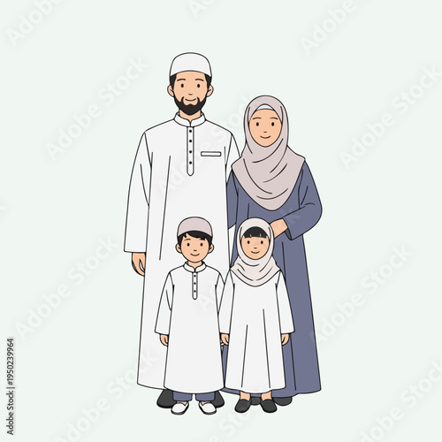 Muslim family in traditional attire standing together