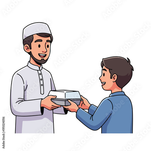 Man in traditional attire giving a box to a young boy
