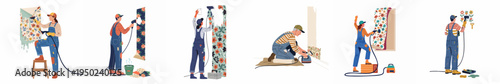 Illustration set showing various professional workers using steam cleaners to remove old floral wallpaper during home renovation and interior remodeling projects.