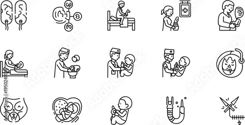 Healthcare and Medical Care Icons Set Featuring Kidney Health, Pediatric Care, Medical Procedures, and Health Monitoring