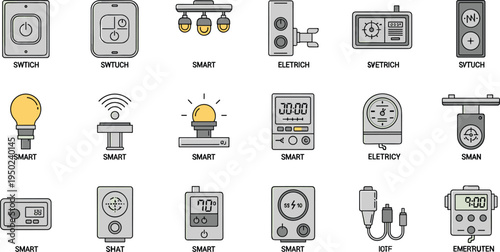Smart Home and Electrical Icons Set Featuring Switches, Smart Lights, Smart Meters, and Electrical Outlets for Home Automation