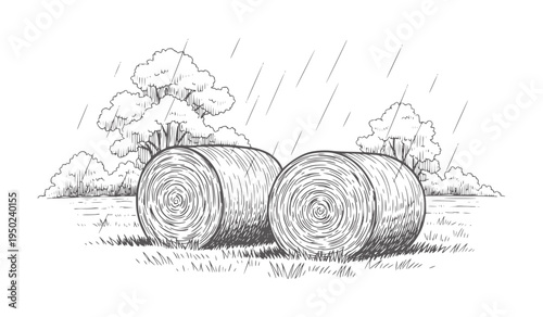 Two round hay bales in a field during a rain shower grass