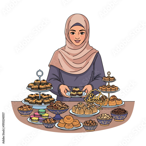 Woman in hijab presenting assorted sweet and savory pastries on a table
