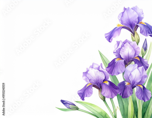 水彩風の花菖蒲、アヤメの花のイラスト背景 文字入れ用の広い白背景スペースがある和素材（こどもの日、端午の節句）
