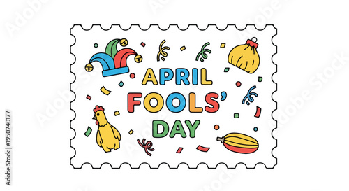 Colorful illustration of April Fools' Day with cartoon characters and confetti on a white background with a playful mood.