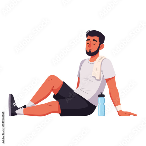 Man taking a break from exercise sitting on floor with water bottle